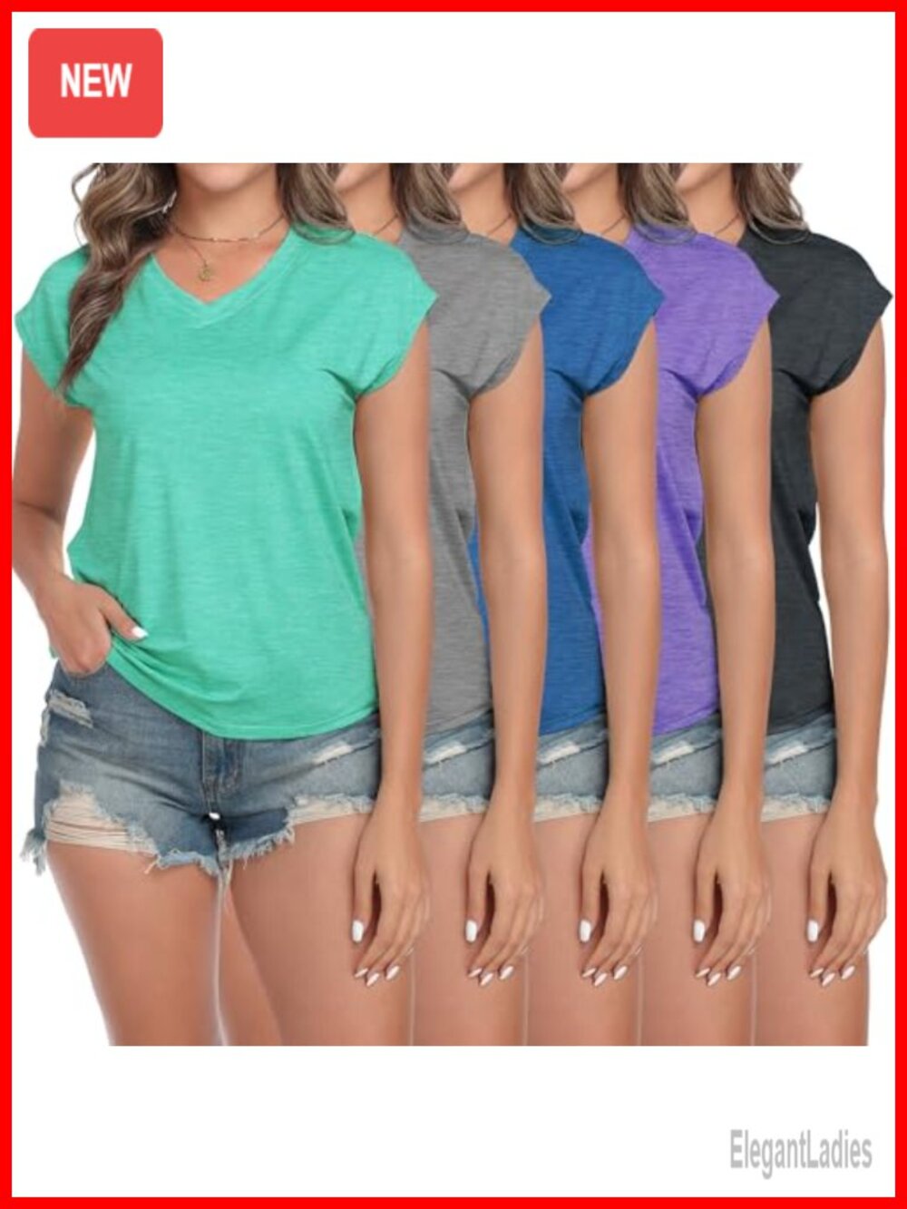 5 Pack Women's Cap Sleeve V-Neck T-Shirts Loose Fit Casual Summer Tops